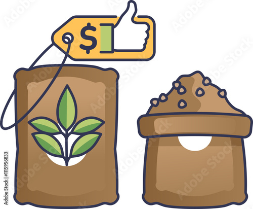 Compost bag with plant icon and price tag symbolizes eco-friendly and cost-effective gardening.