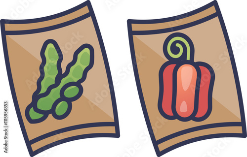 Illustrated seed packets with vegetables, symbolizing growth and gardening.