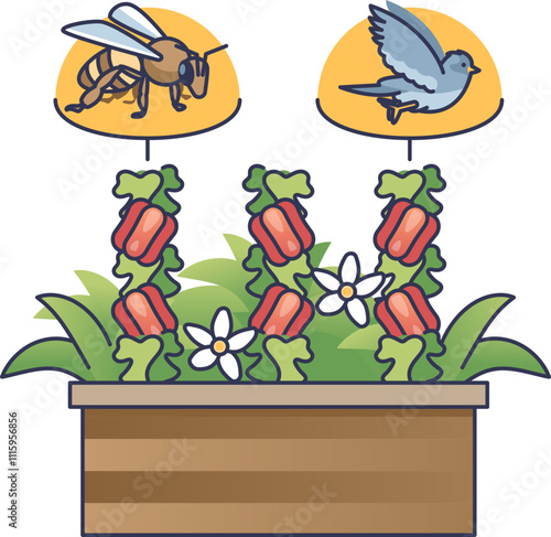 Raised bed with flowers and vegetables attracting bees and birds.