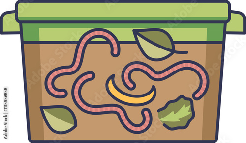 Illustration of a small vermicompost bin with worms, leaves, and food scraps.