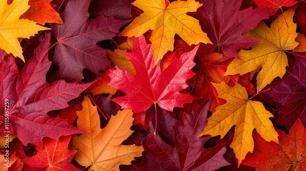 Fototapeta premium Autumn Maple Leaves Background Red Orange Burgundy Fall Foliage Texture