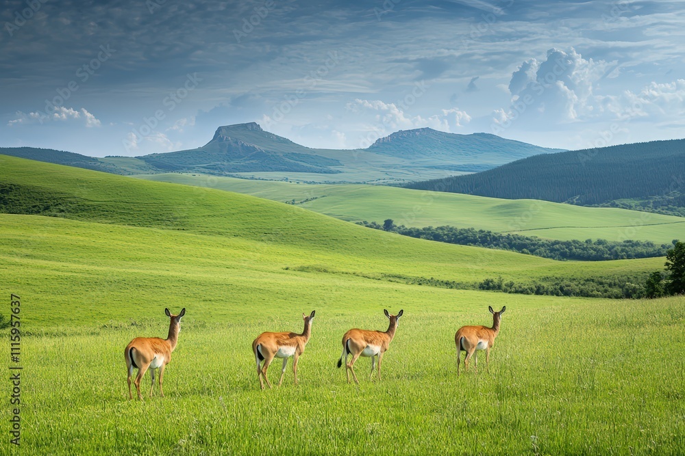 Fototapeta premium A lone deer grazes in a sun-drenched forest clearing.. Beautiful simple AI generated image