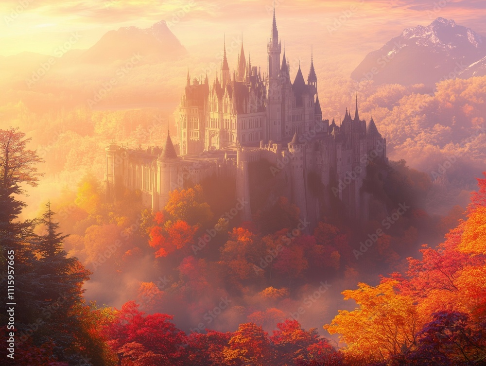 Fototapeta premium Realistic depiction of Castle Hohenzollern during autumn at sunrise