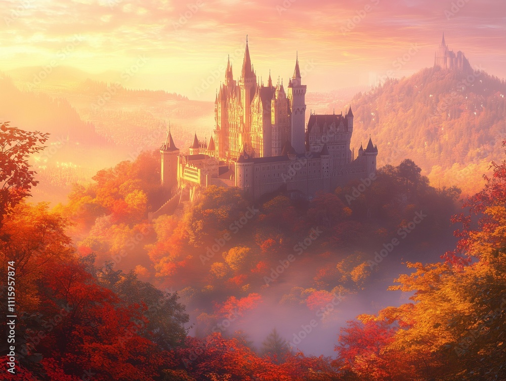 Naklejka premium Realistic depiction of Castle Hohenzollern during autumn at sunrise