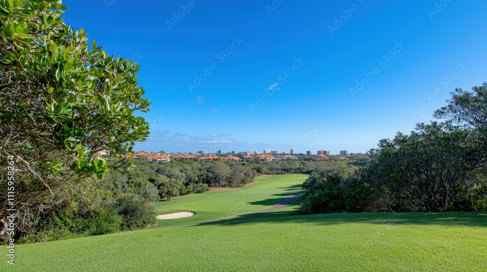 Fototapeta premium Scenic Golf Course Fairway City Skyline View Lush Greenery