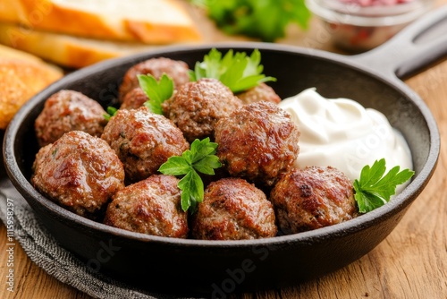  Albóndigas de carne servidas en una sartén de hierro fundido con crema fresca y decoradas con perejil. 