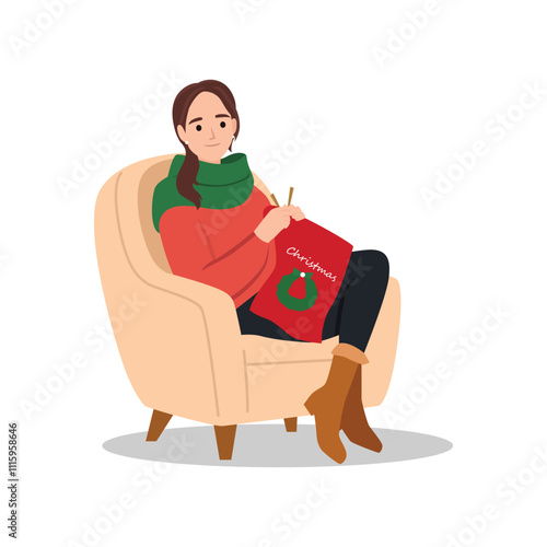 Cheerful woman knits a scarf.Busket of yarn. Flat vector illustration isolated on white background