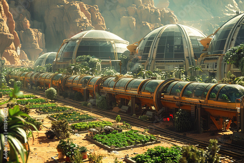 Railway connecting greenhouses in a photorealistic Mars landscape with vibrant vegetation photo