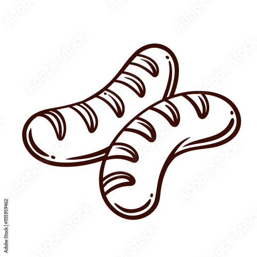 Grilled sausages for beer line icon. Outline hand drawn two hot cooked bratwurst for barbecue party, breakfast, lunch or dinner. BBQ menu, pub mascot, pair of sausages icon vector illustration