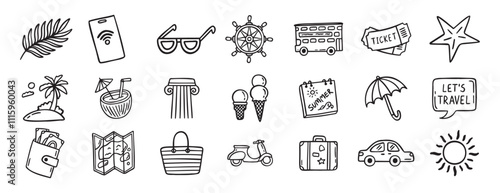 travel doodle hand drawn icon set. Outline drawing travel tourism line clipart symbols