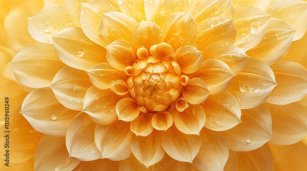 Extreme macro photograph of yellow dahlia flower centered in frame, highlighting intricate geometric petal patterns and golden tones against soft-focus background with symmetrical composition. Extreme macro photograph of yellow dahlia flower centered in frame, highlighting intricate geometric petal patterns and golden tones against soft-focus background with symmetrical composition.