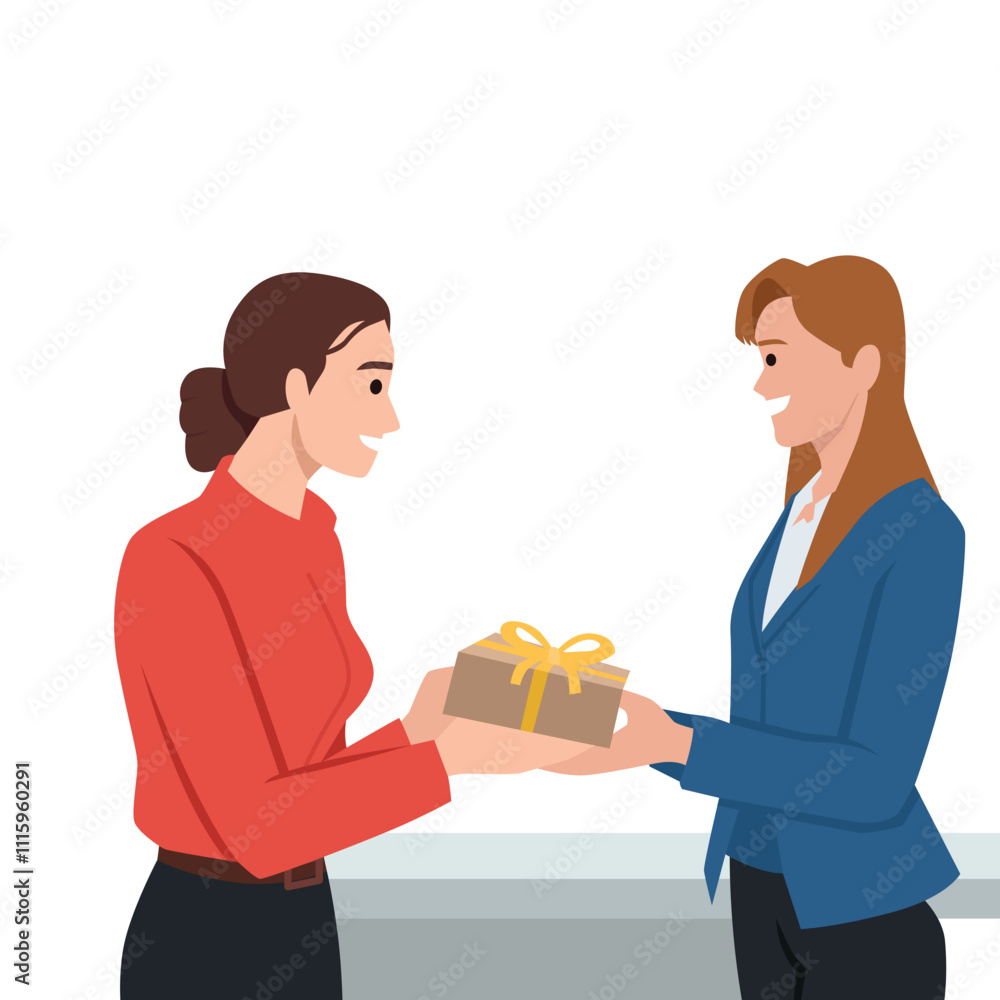 Young woman holding and carrying wrapped New Year present boxes. Flat vector illustration isolated on white background Young woman holding and carrying wrapped New Year present boxes. Flat vector illustration isolated on white background