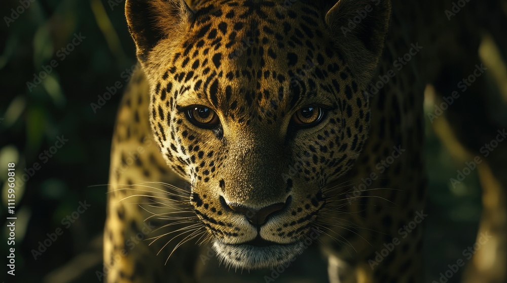 Obraz premium A close-up of a leopard showcasing its striking features and intense gaze in a natural setting.