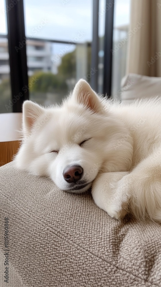 Sleeping dog peacefully resting on a cozy couch by the window Sleeping dog peacefully resting on a cozy couch by the window