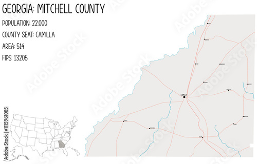 Large and detailed map of Mitchell County in Georgia, USA.