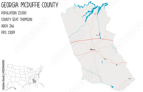 Large and detailed map of McDuffie County in Georgia, USA.