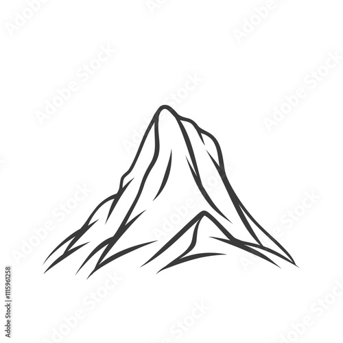Mountains icon, doodle one steep cliff. Retro minimalist sketch of Alps peak, rough rocky terrain label. Nature landscape, adventure and map mascot, hand drawn mountains icon vector illustration