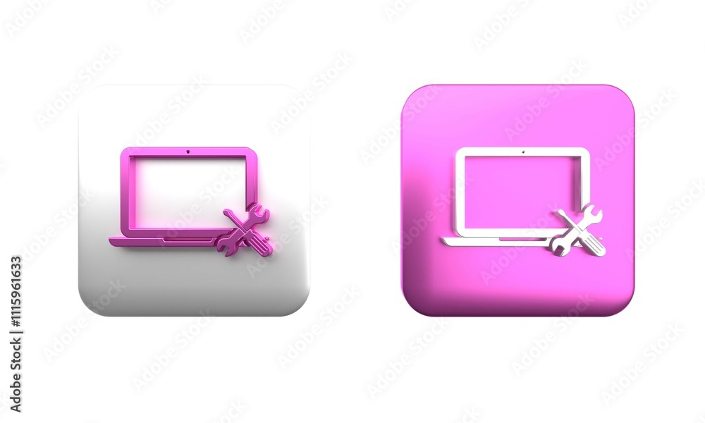 Colorful Laptop with screwdriver and wrench icon isolated on white background. Adjusting, service, setting, maintenance, repair, fixing. Square button. 3D render illustration Colorful Laptop with screwdriver and wrench icon isolated on white background. Adjusting, service, setting, maintenance, repair, fixing. Square button. 3D render illustration