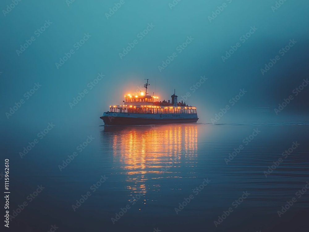 Fototapeta premium Ferry boat at night, calm water, glowing lights.