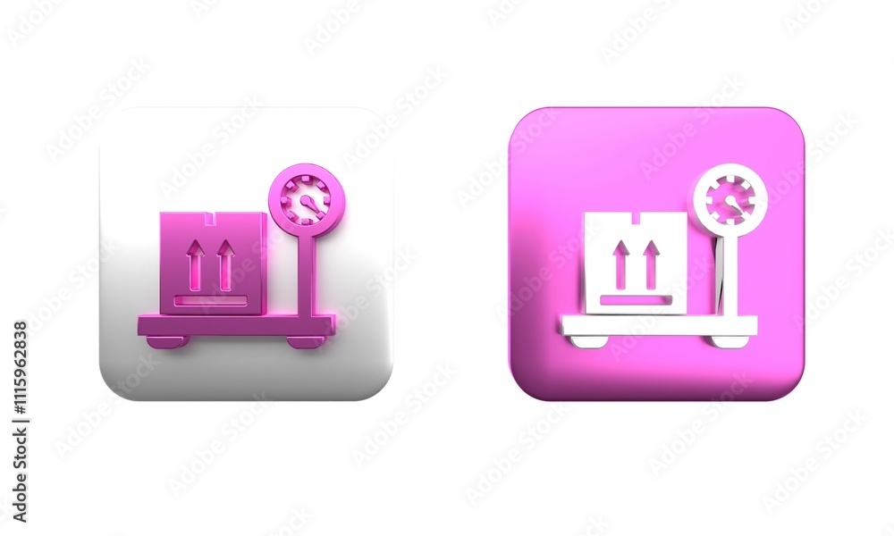 Colorful Scale with cardboard box icon isolated on white background. Logistic and delivery. Weight of delivery package on a scale. Square button. 3D render illustration Colorful Scale with cardboard box icon isolated on white background. Logistic and delivery. Weight of delivery package on a scale. Square button. 3D render illustration