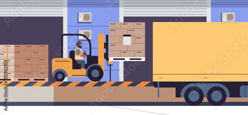 Worker on forklift loading pallet boxes to Truck on warehouse platform. Simple logistic vector illustration