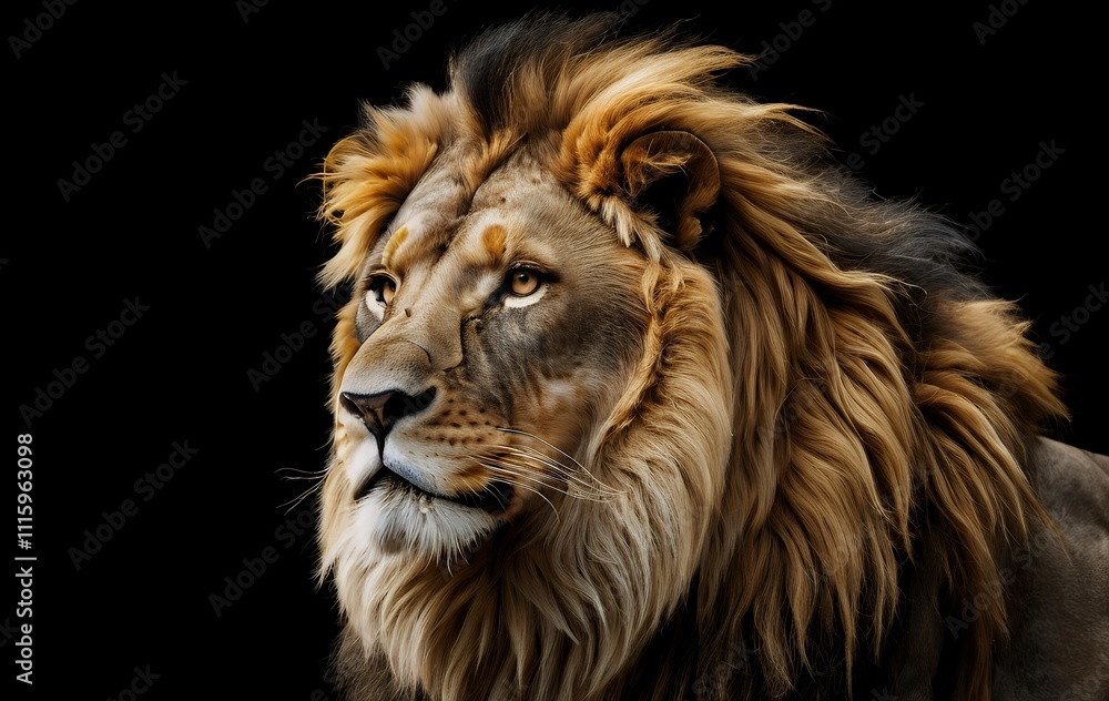 Fototapeta premium Majestic male lion portrait against a black background.