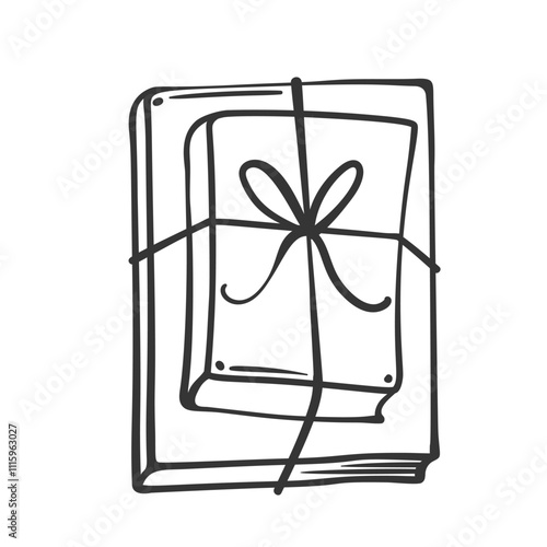 Stack of books tied with string and bow line icon. Outline hand drawn vintage two classic books of different sizes, top view. Gift, bookcrossing mascot, simple literature icon vector illustration