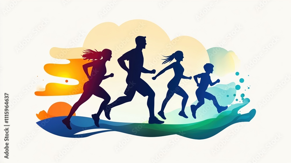 Obraz premium Family marathon depicting joy and unity, with a father, mother, and two kids running together under a vibrant sunset sky