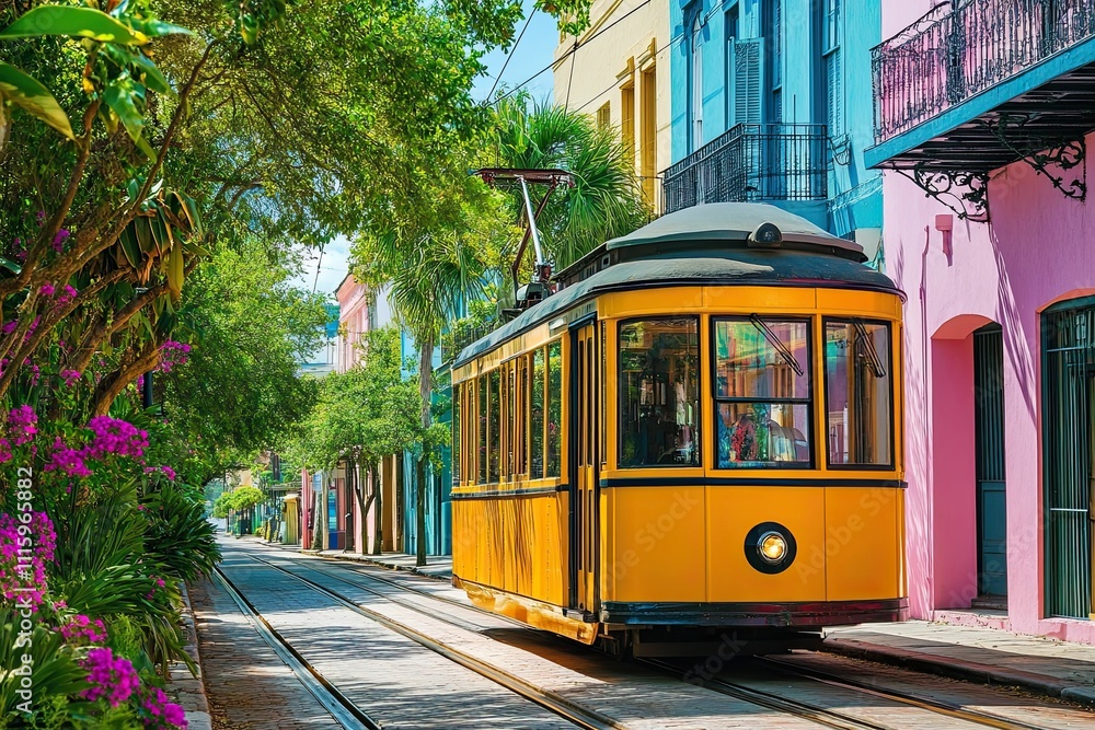 Obraz premium Yellow streetcar on colorful street, lush foliage.