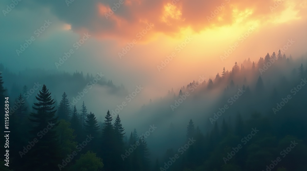 Obraz premium A Timeless Misty Landscape: Fir Forest in Vintage Retro Style, Capturing the Mystical Atmosphere of Nature's Foggy Embrace