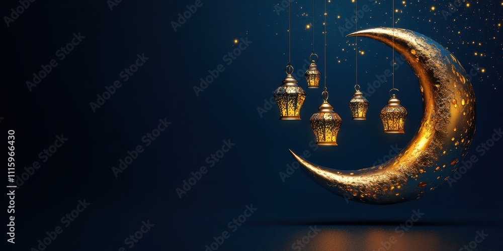 Golden Crescent Moon with Illuminated Lanterns Hanging Festive Islamic Ramadan Eid Mubarak Celebration Night Golden Crescent Moon with Illuminated Lanterns Hanging Festive Islamic Ramadan Eid Mubarak Celebration Night