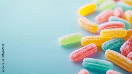 Collection of vibrant and tempting jelly candies arranged on a light blue background