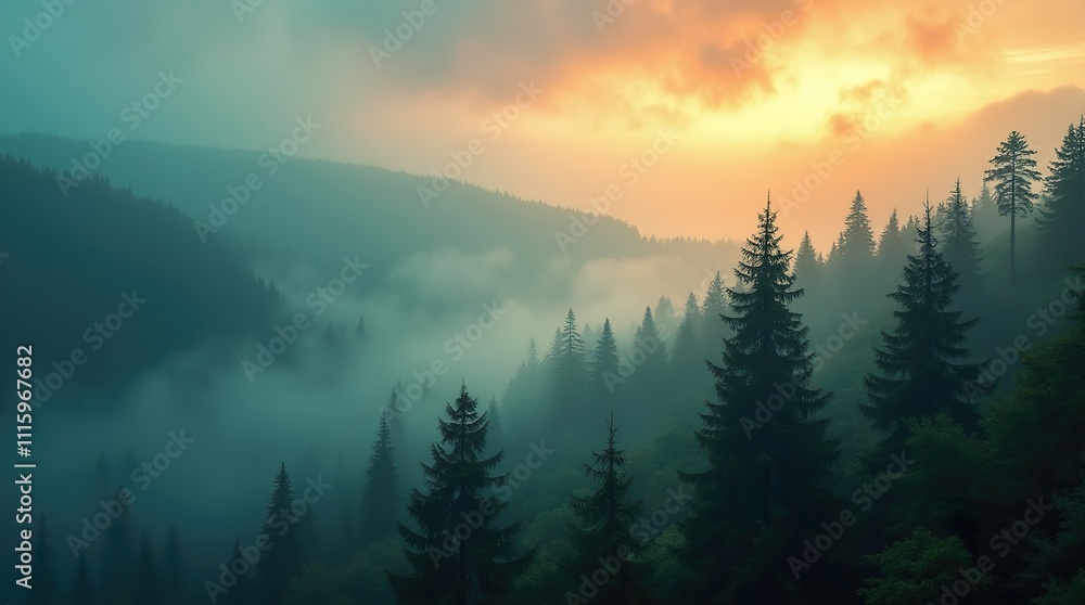 Obraz premium Misty Landscape of a Fir Forest: A Vintage Retro Aesthetic Capturing the Mysterious Beauty of Nature Shrouded in Fog