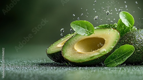 Sliced fresh avocado glistening with water drops amidst a refreshing mint green backdrop, showcasing nature\'s vibrant bounty in a playful display of freshness and health photo