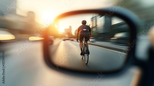 Cyclist riding bike on urban street at sunset, captured in car side mirror with motion blur photo