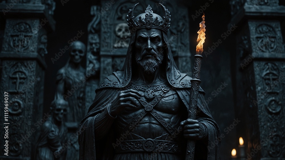 Obraz premium Statue of Hades, the king of the underworld, dressed in black robes and holding a scepter, set against the dark underworld and the gates of darkness, with death and fate symbols carved on the base.