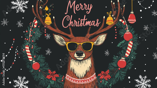 Cartoon-Style Deer with Sunglasses and Christmas Lights, 'Merry Christmas' Text in Antlers, Red Decorations, and Wreath on Black Background