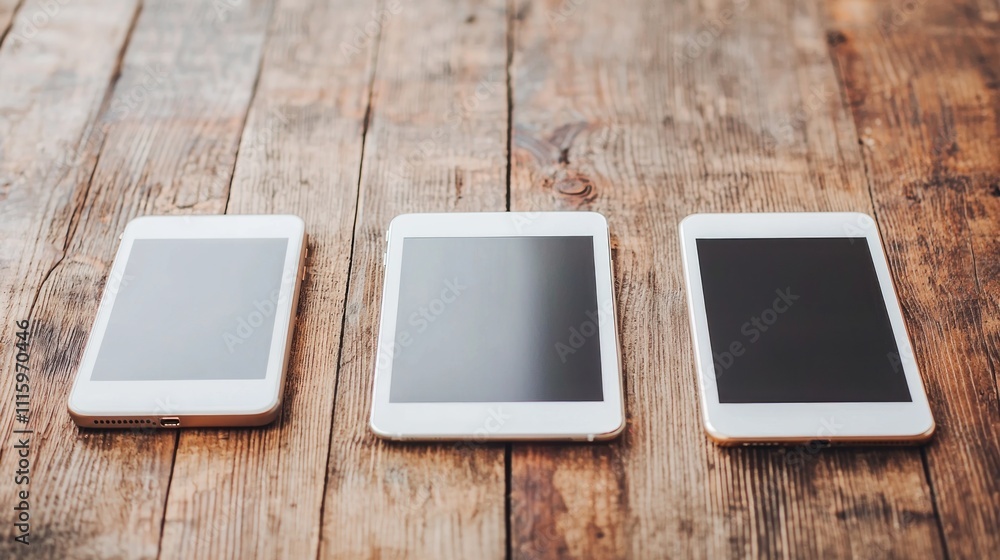 Three tablets displayed on a rustic wooden surface, showcasing modern technology against a natural backdrop. Three tablets displayed on a rustic wooden surface, showcasing modern technology against a natural backdrop.