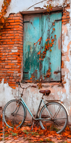 Bicicleta estacionada perto de um muro de tijolos vintage photo