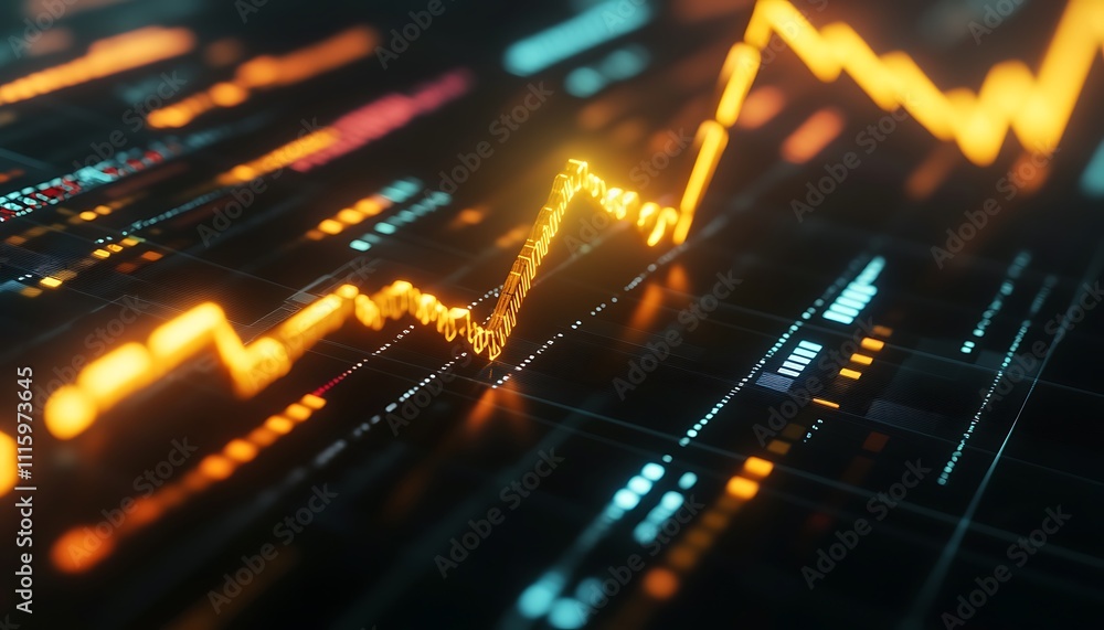 Fototapeta premium A digital representation of fluctuating financial data with glowing line graphs.