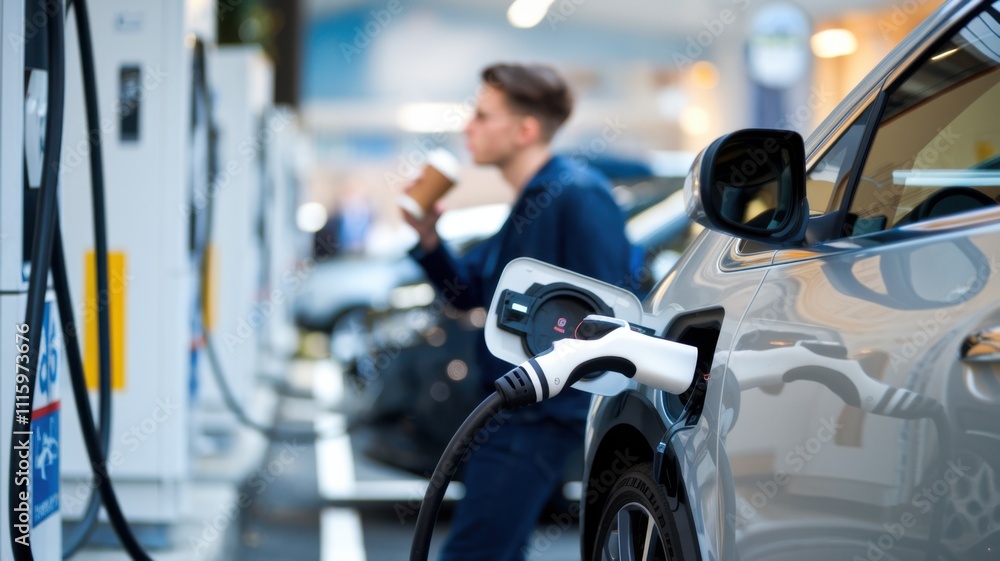 A person enjoys a drink while charging an electric vehicle at a charging station. A person enjoys a drink while charging an electric vehicle at a charging station.