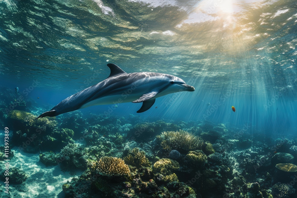 Obraz premium Two Pacific white-sided dolphins, Lagenorhynchus obliquidens, swimming underwater. Closeup. 4K. Beautiful simple AI generated image
