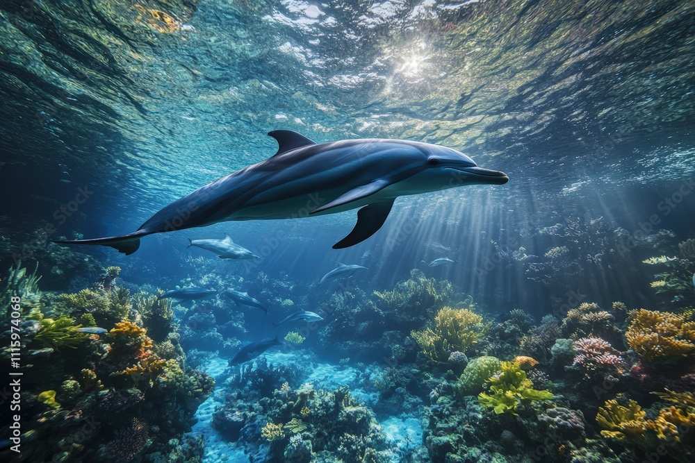 Obraz premium Two Pacific white-sided dolphins, Lagenorhynchus obliquidens, swimming underwater. Closeup. 4K. Beautiful simple AI generated image