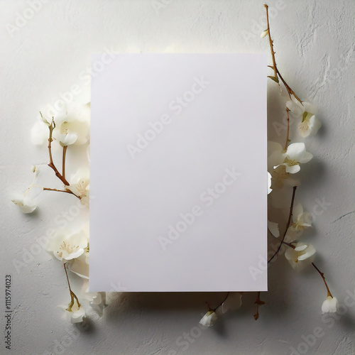 White flowers and white paper on a white background_흰 배경에 흰 꽃과 흰 종이