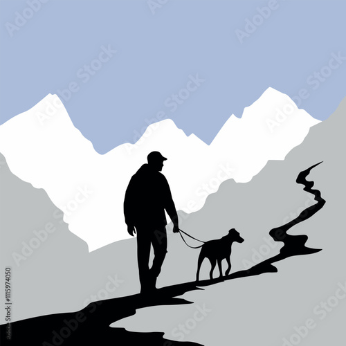 hiking man and his dog silhouette, vector illustration