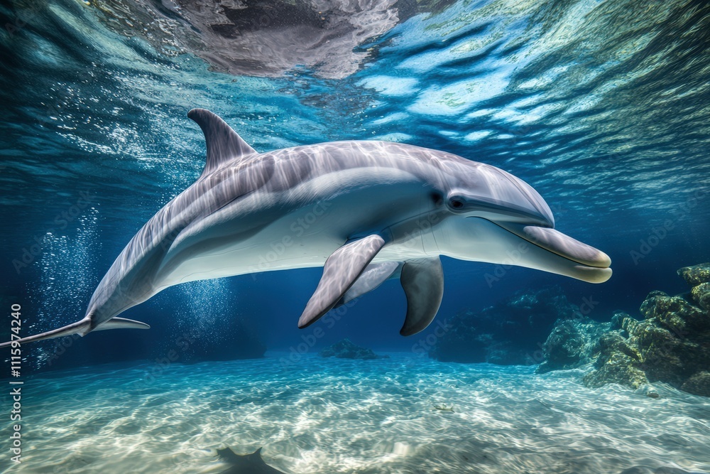 Naklejka premium Two Pacific white-sided dolphins, Lagenorhynchus obliquidens, swimming underwater. Closeup. 4K. Beautiful simple AI generated image