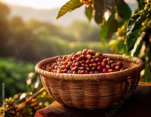 freshly harvested coffee beans in a basket on a coffee farm
