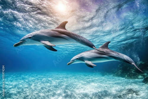 Two Pacific white-sided dolphins, Lagenorhynchus obliquidens, swimming underwater. Closeup. 4K. Beautiful simple AI generated image photo