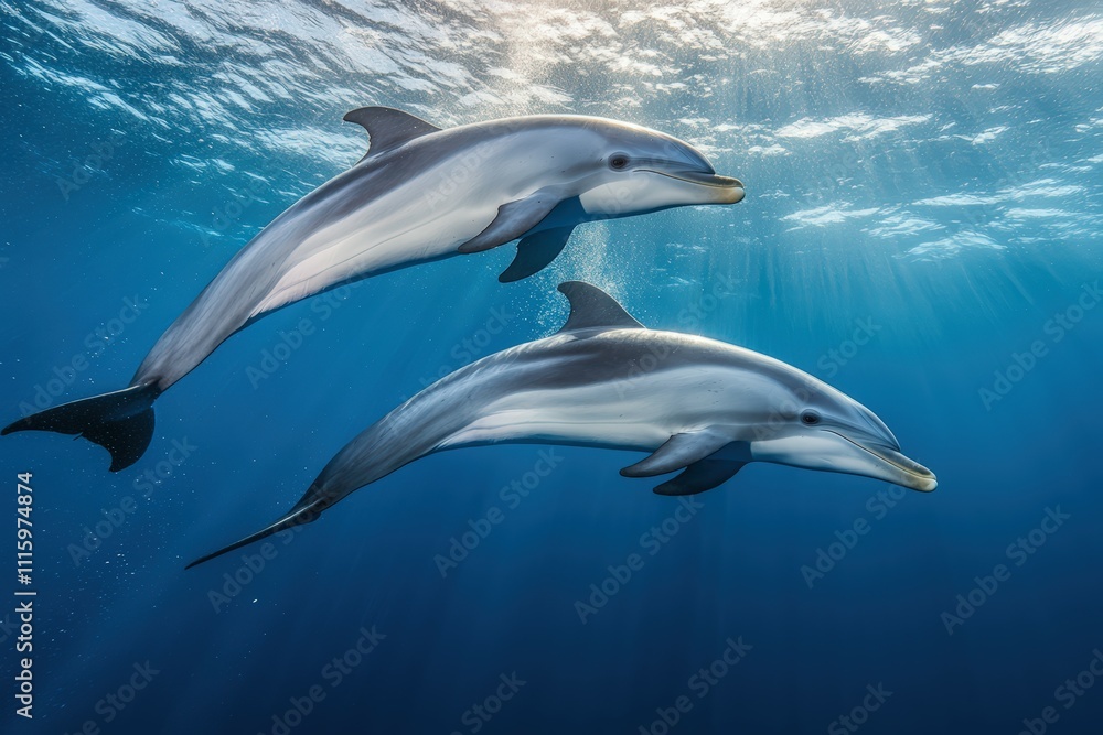 Obraz premium Two Pacific white-sided dolphins, Lagenorhynchus obliquidens, swimming underwater. Closeup. 4K. Beautiful simple AI generated image