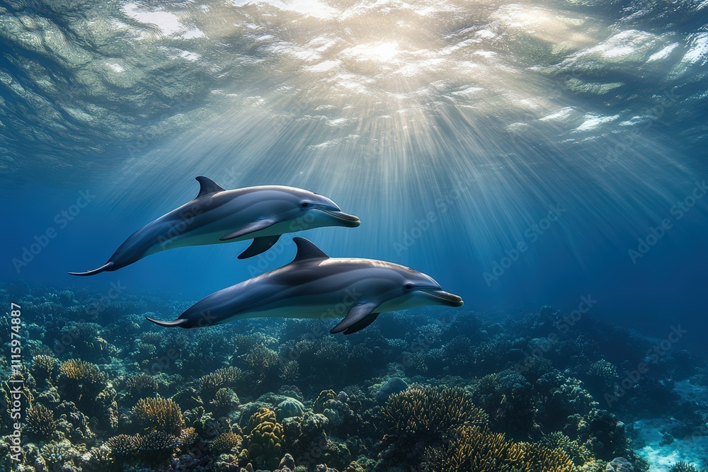 Obraz premium Two Pacific white-sided dolphins, Lagenorhynchus obliquidens, swimming underwater. Closeup. 4K. Beautiful simple AI generated image